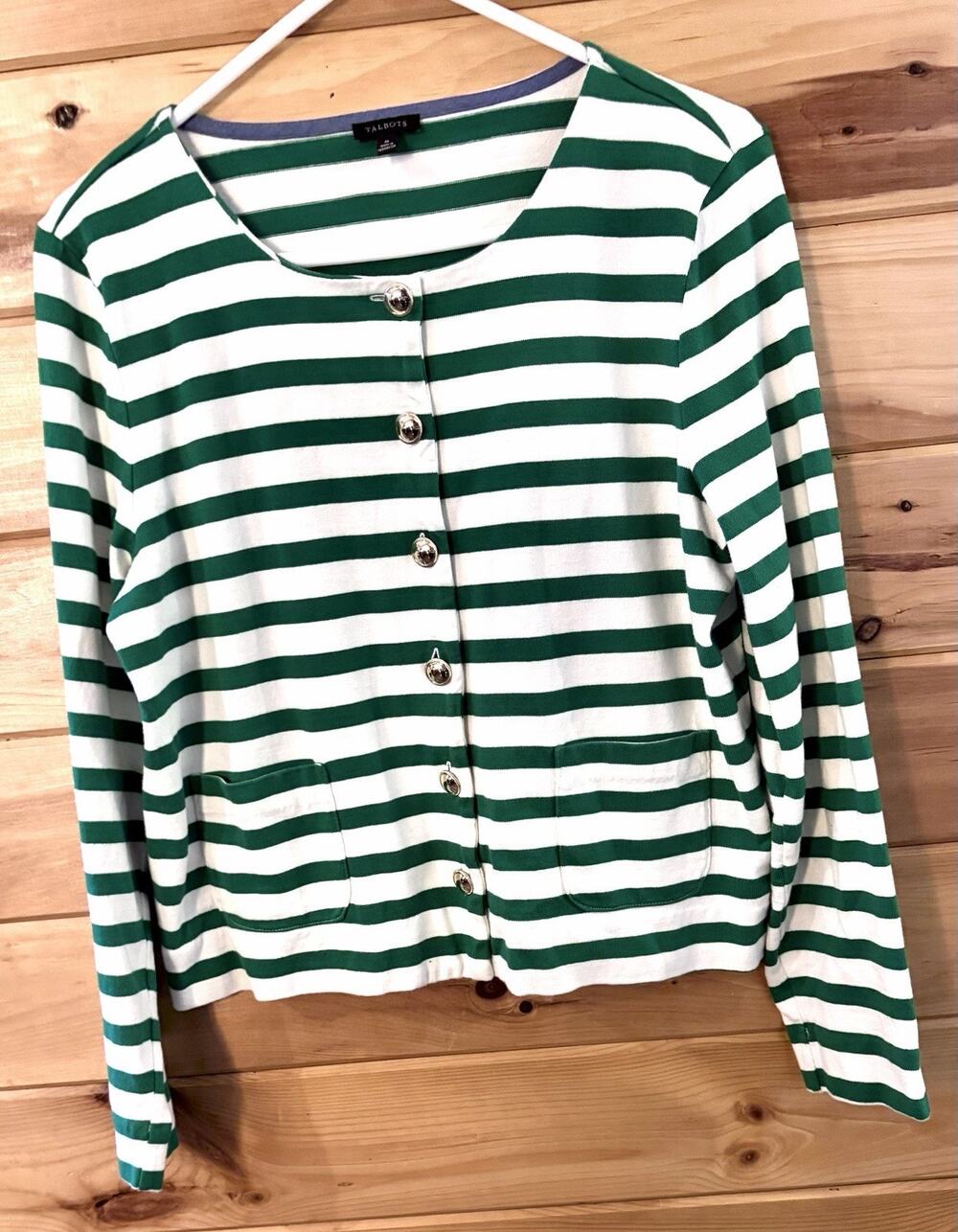 Talbots Lady Cardigan M Green Ivory Stripe Gold Buttons Career Wear Academia